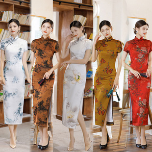 Wholesale Dropshipping 2025 Summer and Autumn New Cheongsam Long Skirt Silks and Satins Dress Retro Slim Banquet Double-Layer Performance Clothing