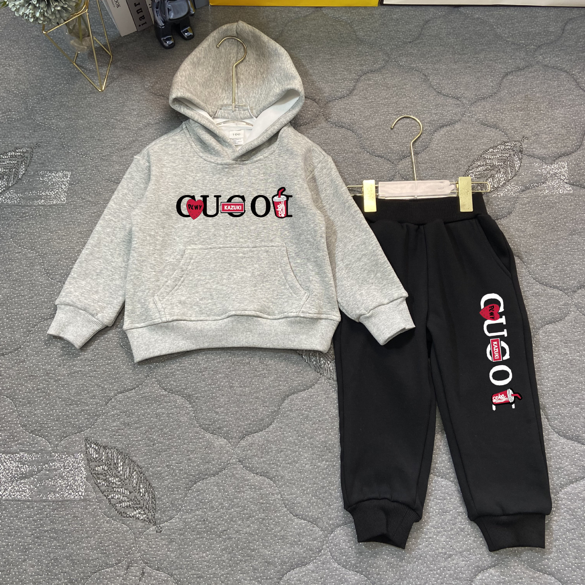 2023 Winter New Casual Hooded Sweater Boys Girls, Two Piece Upholstered and Warm Set for Children_voghion.com