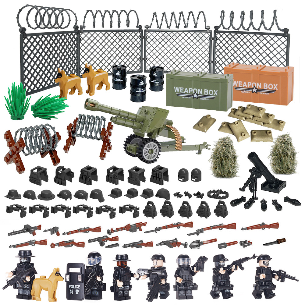 积木人偶军事武器包配件加农炮武器盒路障双色枪草丛积木玩具