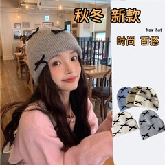 蝴蝶结针织帽子女秋冬2025新款百搭保暖冷帽显脸小百搭护耳毛线帽