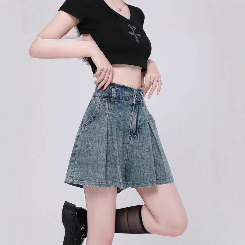 Denim Short Pants Skirt Women's Summer Thin 2025 New Casual Slimming Design Sense Fashion Loose Pleated Skirt