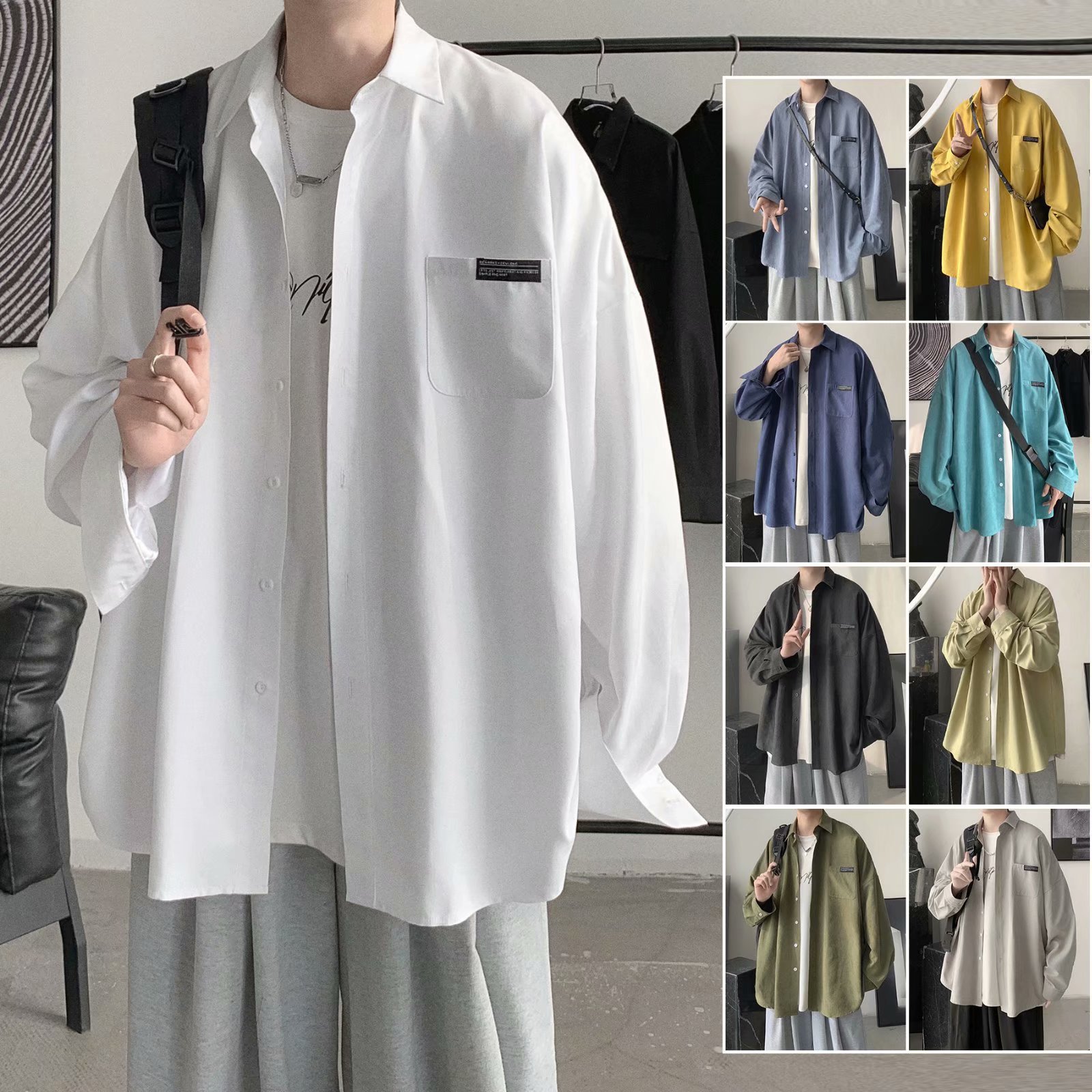Nou, toate multicolore, culoare bomboane, bărbați, primăvară și toamnă, modă coreeană, cămașă cu mânecă lungă, haină_voghion.com