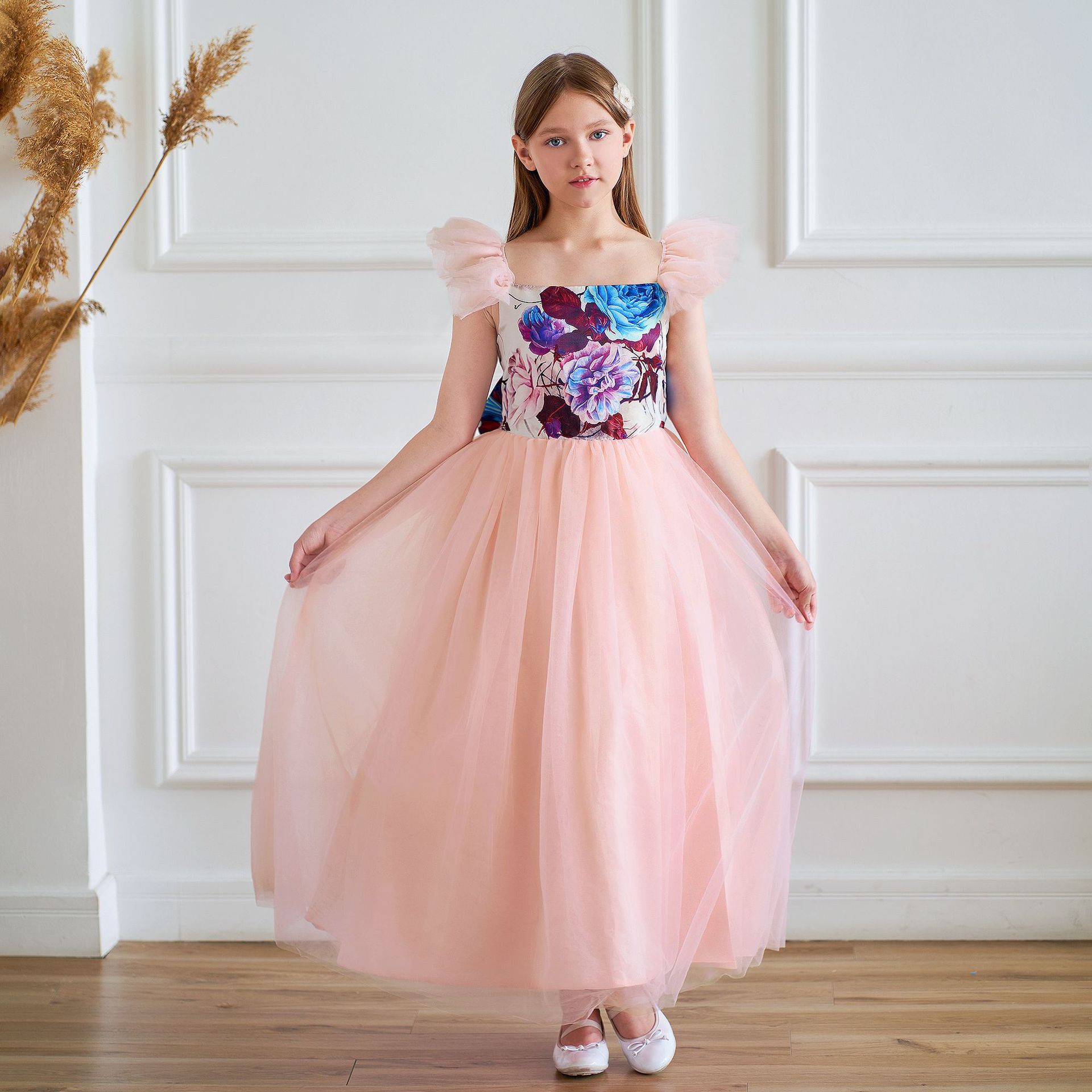 Cross-border European and American style new girls' dress, short-sleeved printed puffed skirt, evening gown, women's mesh puff skirt, long dress