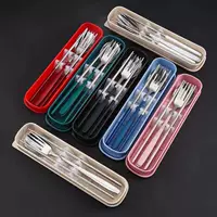 Spoon, chopsticks, fork, set stainless steel, handheld Korean tableware for elementary school students, storage system, 3 piece set