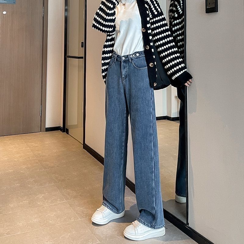 冬季加绒加厚直筒高腰牛仔裤宽松新款显瘦保暖阔腿垂感裤子潮|undefined