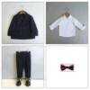 Black suit, trousers, shirt, bow tie, maple leaf lapel pin
