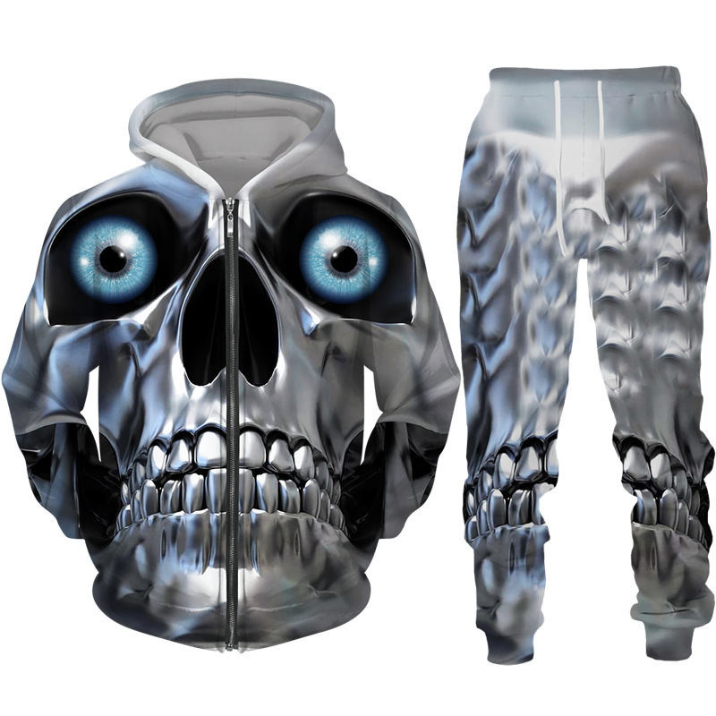 Comercio exterior transfronterizo impresión digital 3D chaqueta con capucha de calavera de terror de dos piezas para hombres europeos y americanos MF08-ML01