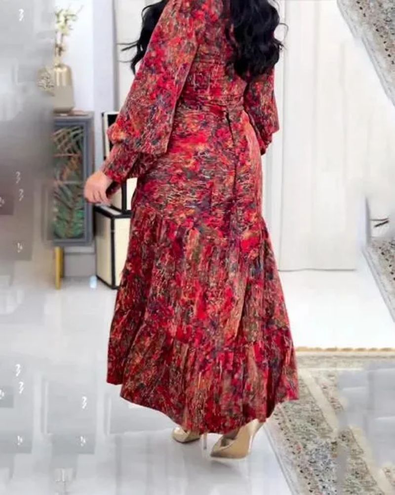 Naiste rõivad kevad- ja suvepikk seelik Patchwork vöökohaga seelik V-kaelusega trükitud vööga kleit_voghion.com