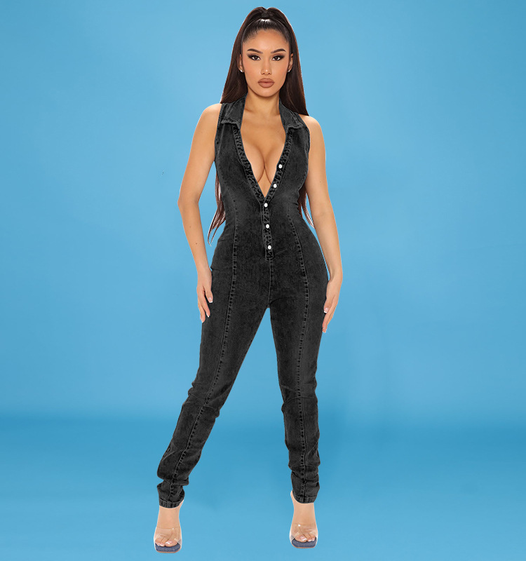 Sleeveless Denim Jumpsuit For Women, Front Button-Down Washed Stretch Romper, Street Style Casual One-Piece Outfit_ecoleips.com
