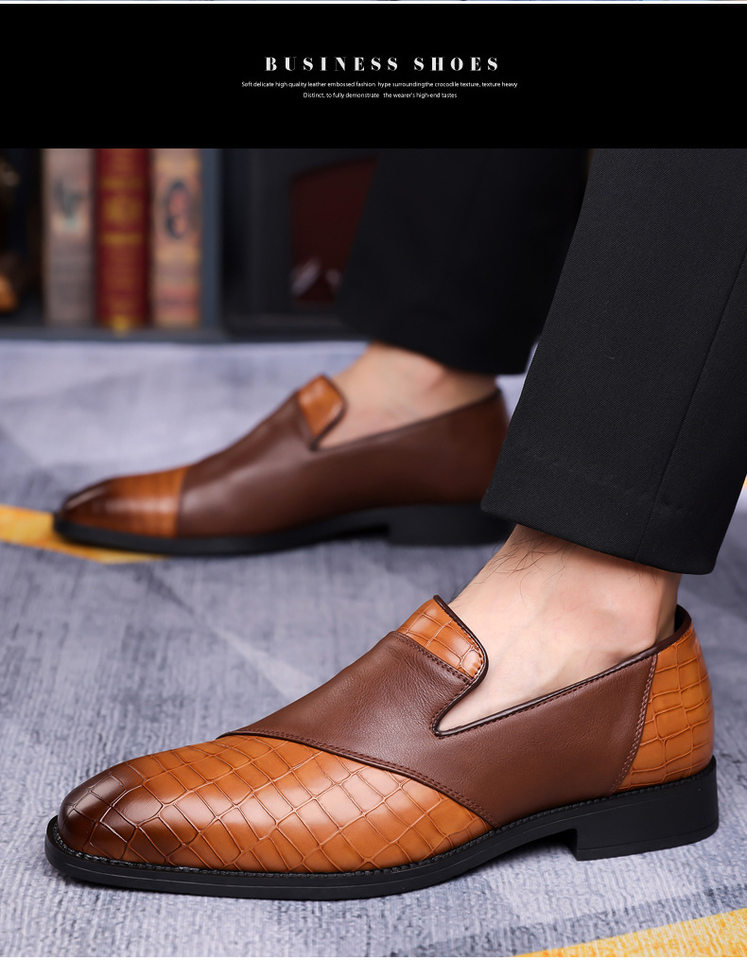 Giày da nam công sở mũi nhọn cổ thấp đế cao su mềm thoáng khí — Giày một lớp màu nâu, Giày một lớp màu vàng, Giày một lớp màu xanh lam, Giày một lớp màu xám chi tiết 3