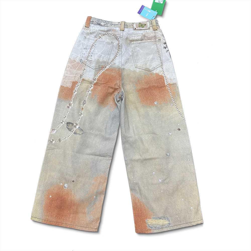 Erkek Punk Zincir 3D Dijital Baskılı Geniş Paça Kot Pantolon - Hipster Tarzı İçin Sokak Modası Eskitilmiş Yıkanmış Kot Pantolon_voghion.com