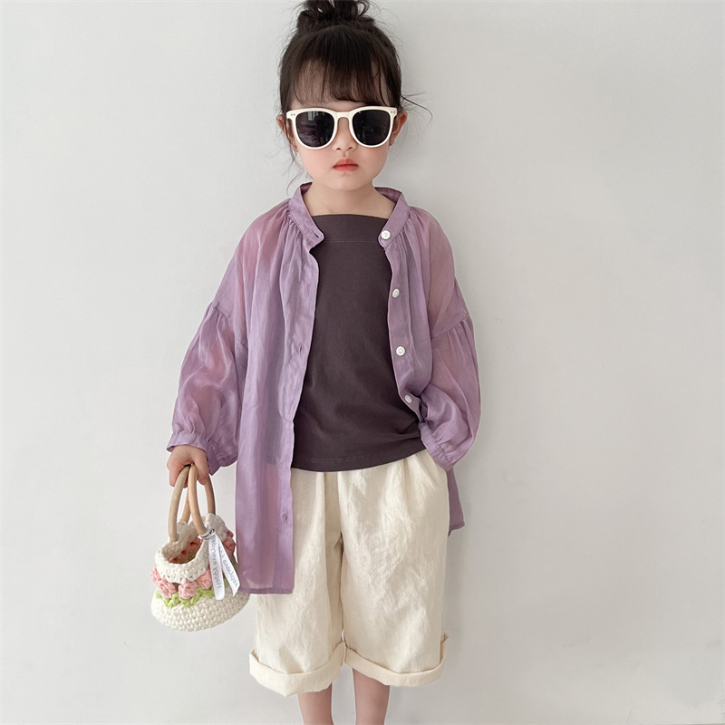 Autumn children's long-sleeved cardigan, round neck, solid color, Korean style, loose fit, boys' sun protection shirt, versatile long-sleeved
