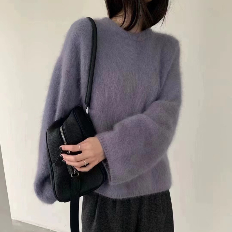 软糯奶fufu仿水貂绒套头毛衣女秋冬外穿宽松慵懒风毛茸茸针织上衣|undefined