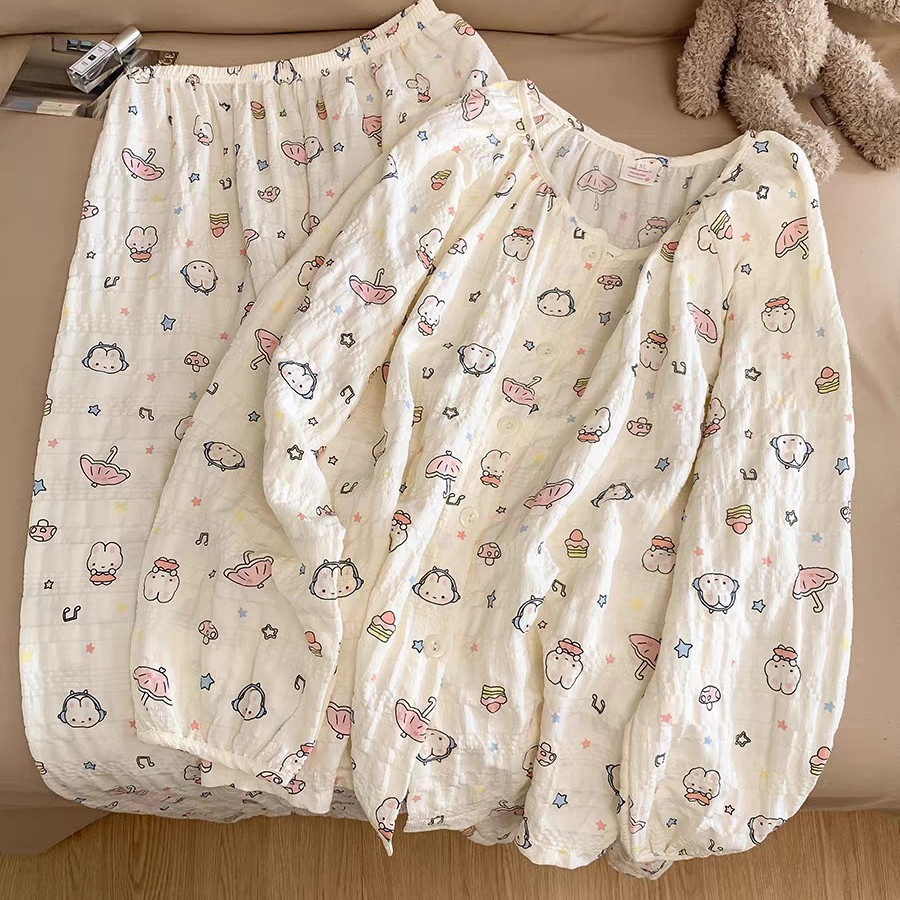 Pijamas al por mayor transfronterizos mujeres primavera y otoño pantalones de mangas largas nubes de algodón cardigan encantador conjunto de ropa de dibujos animados
