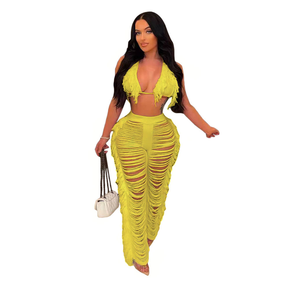 420g Weight Sleeveless Sleeve Length Spandex Fabric Type Pant Co-ord Set Sets Type 2 Pieces Set Quantity Holiday, Beach Occasion V Neck Neckline Regular Fit Fit Type Solid Color Pattern Summer Season Women's Gender Sexy Style Holiday Beach Women's Sexy Solid Color Spandex Pant Co-ord Set Pants Sets 12