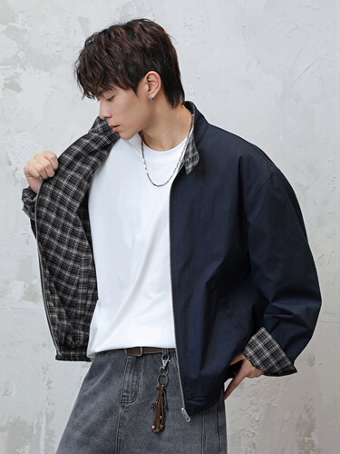 Double-sided retro checked Harrington work jacket autumn fashion brand loose stand-collar American silhouette coat q