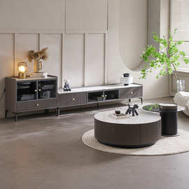 现代简约小户型客厅储物圆形意式茶几电视柜组合北欧轻奢岩板茶几