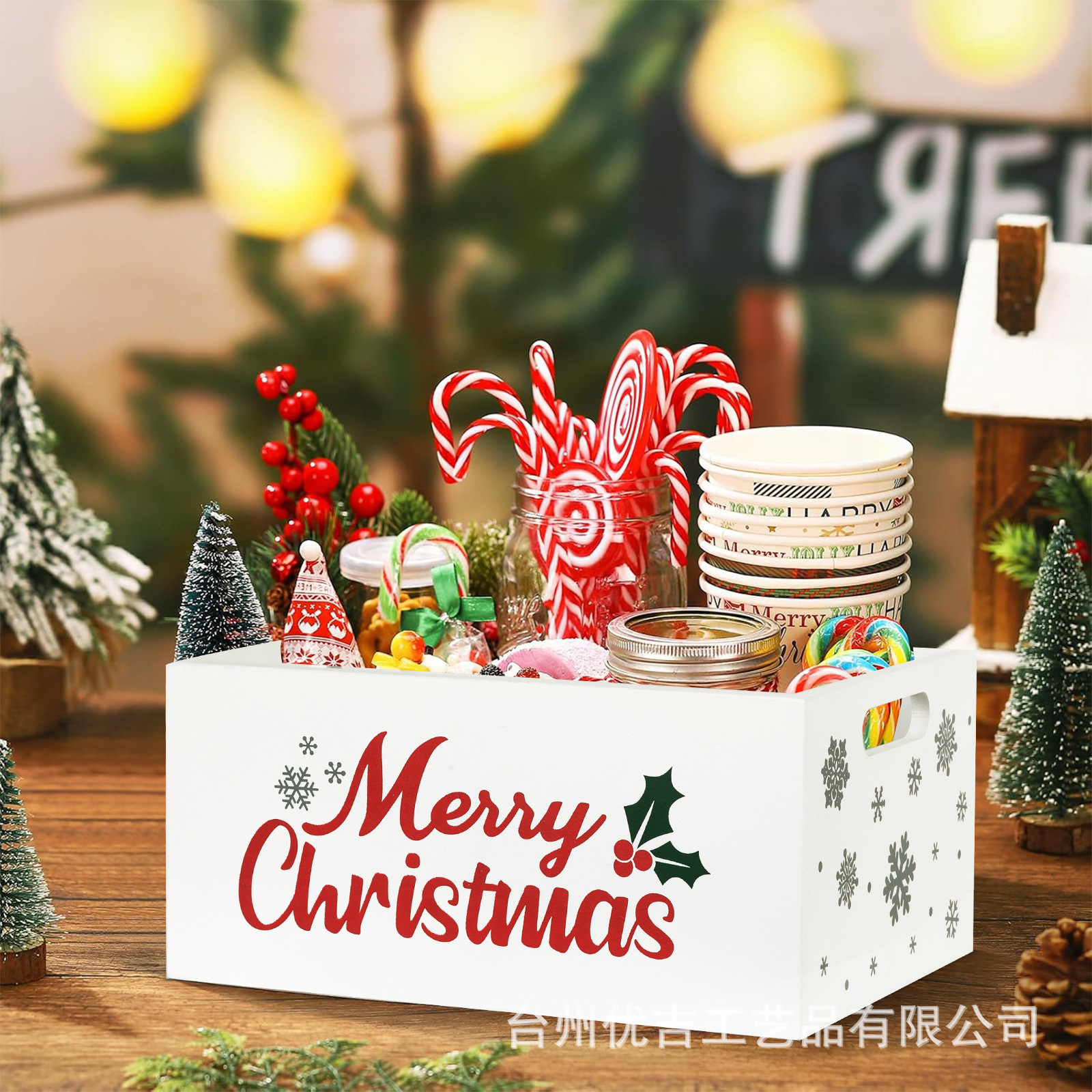 Navidad de madera atmósfera caja de almacenamiento portátil dulces de escritorio bocadillos caja de almacenamiento de madera sólida caja de acabado
