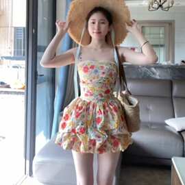 【带防滑条可拆卸肩带】法式绝美碎花公主短裙夏季新款花苞裙连衣