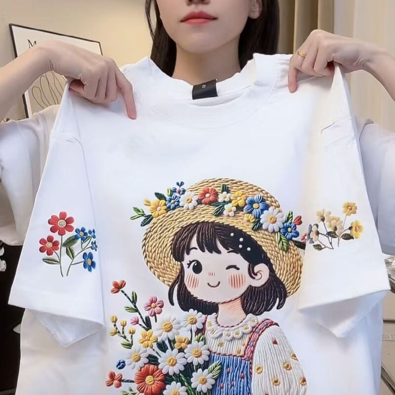 Girl Wearing a Wreath Imitation Embroidery Print Short-Sleeved T-Shirt for Women and Men 2026 Summer New Style Loose Cartoon Forest Style Girl