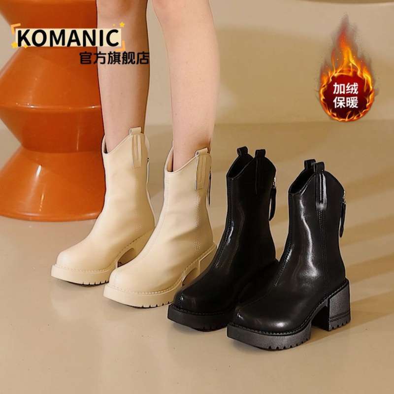 KOMANIC真软皮马丁靴女英伦圆头拉链靴2025小个子显瘦增高中筒靴