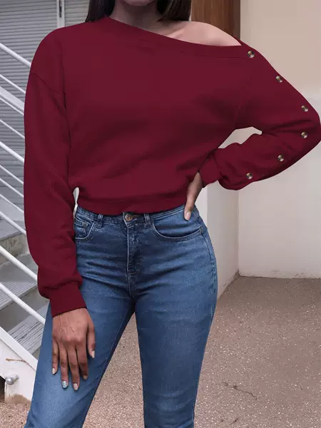 Cross-Border Exclusive Export Women's Sweatshirt with Button Sleeves, Sloping Shoulder Sleeves, Three Colors Available, Same-Day Delivery