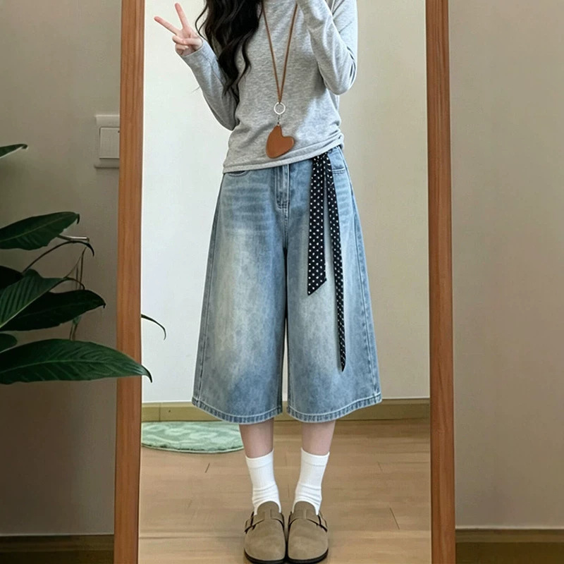 Plus-Size Petite Boyfriend Style Lazy Vibe Cropped Straight-Leg Jeans for Women, Summer 2026 New Vintage Wide-Leg Shorts
