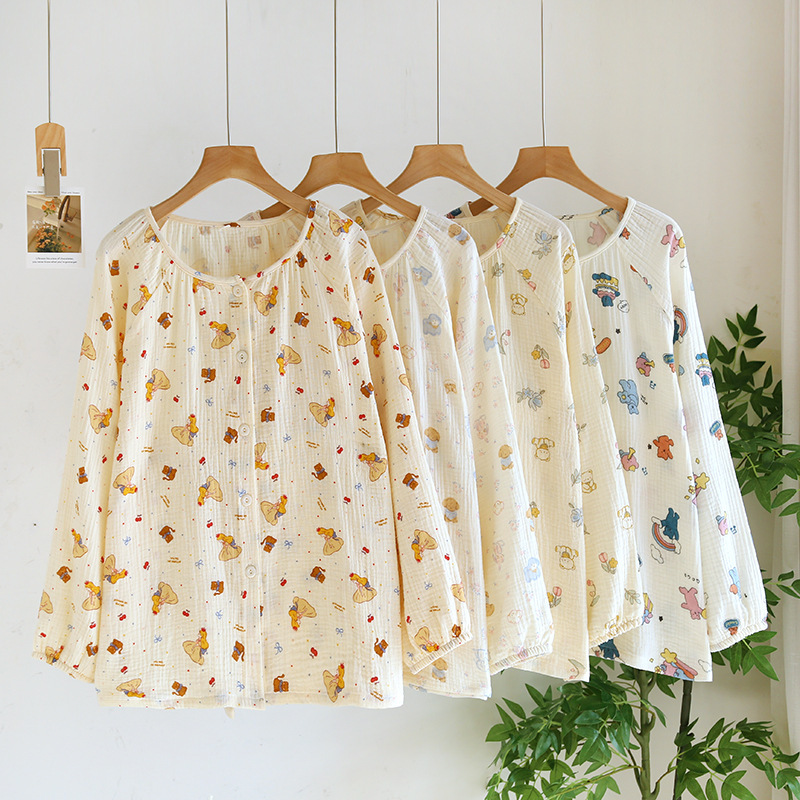 Crepe single top pajamas women's spring and summer cotton double gauze long sleeve cute cartoon cotton thin factory batch