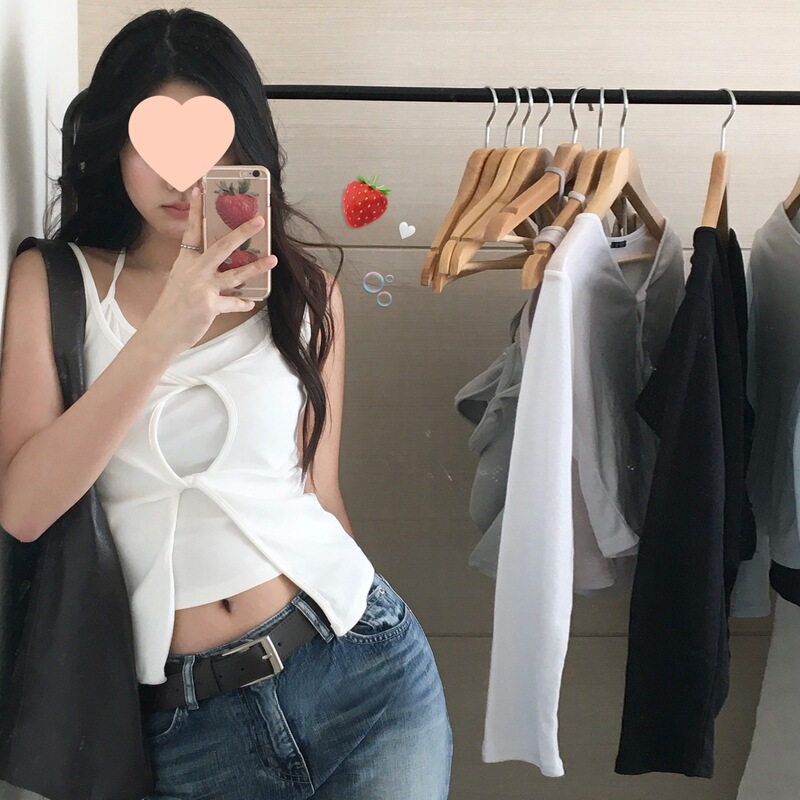 Sizes Have Been Updated. Korean-Style Summer Simple Two-Piece Twisted Hollow-Out Slit Design Slimming Halter Neck Tank Top