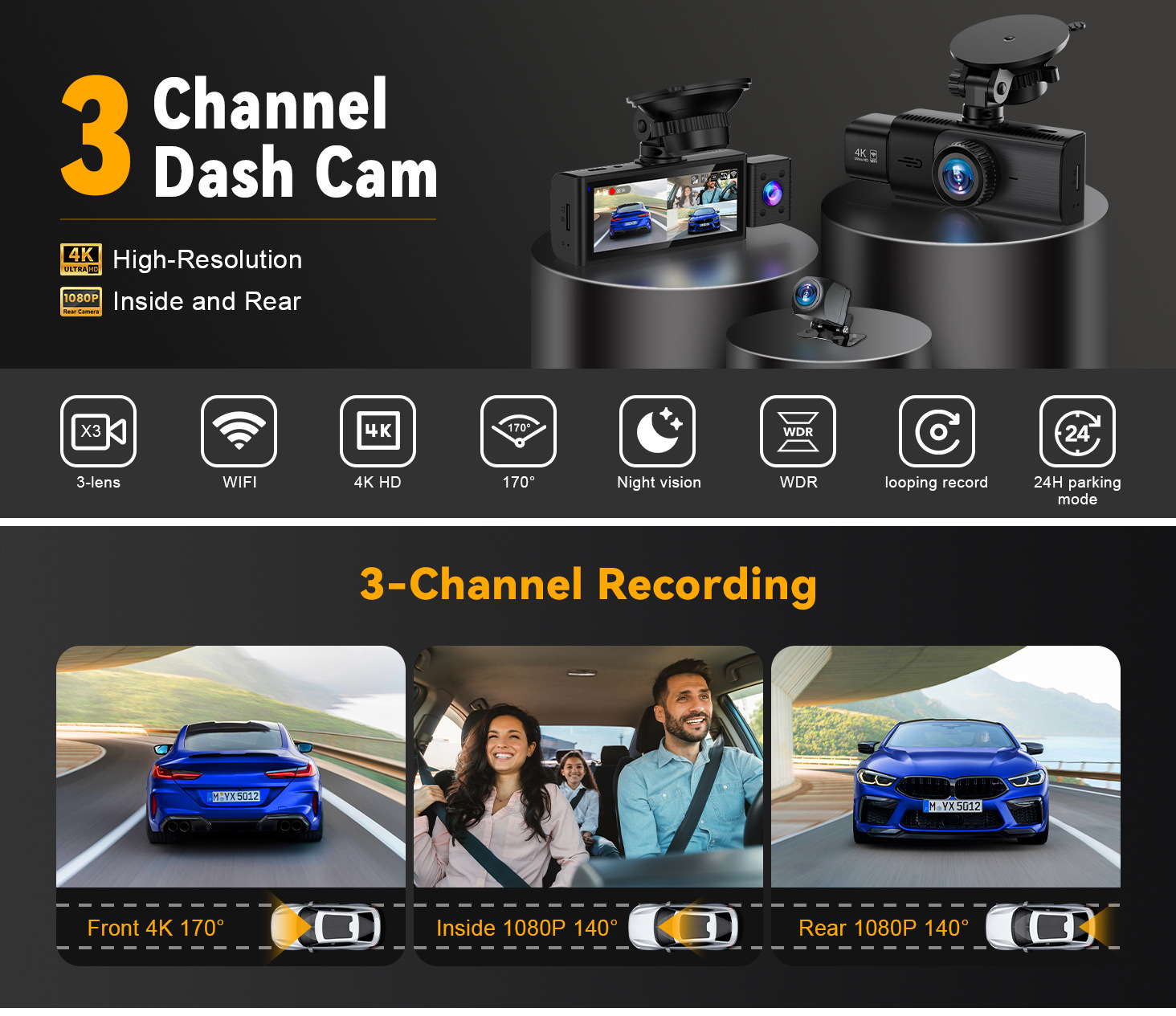 Cross-border 4K triple-camera dashcam with GPS tracking, wide-angle night vision, three-lens WIFI recorder, and reverse camera