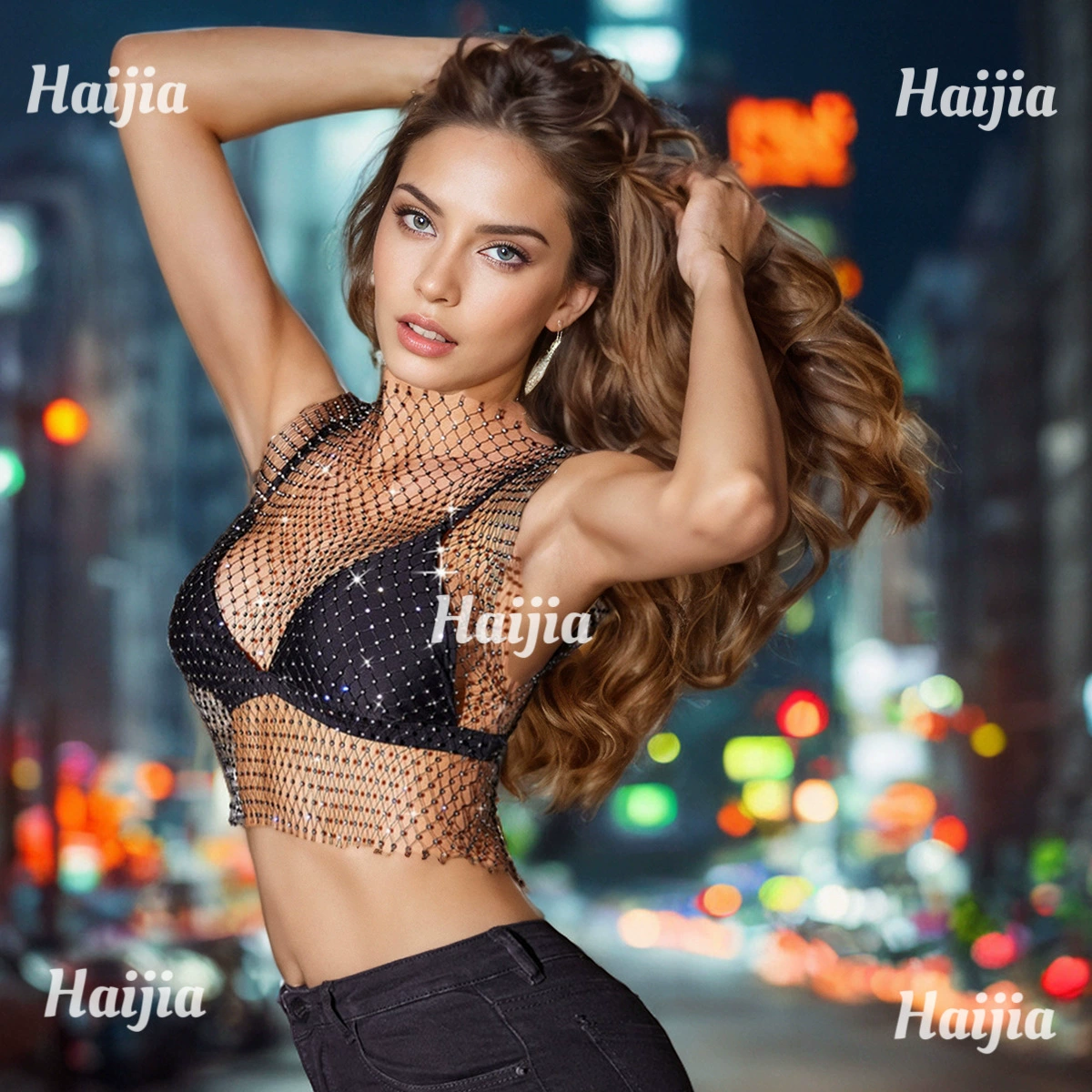 Летний новый роскошный блестающий бриллиант воротник с одним словом женский жилет с высокой пулей дышащая рыболовная сетка полый дизайн стильный топ