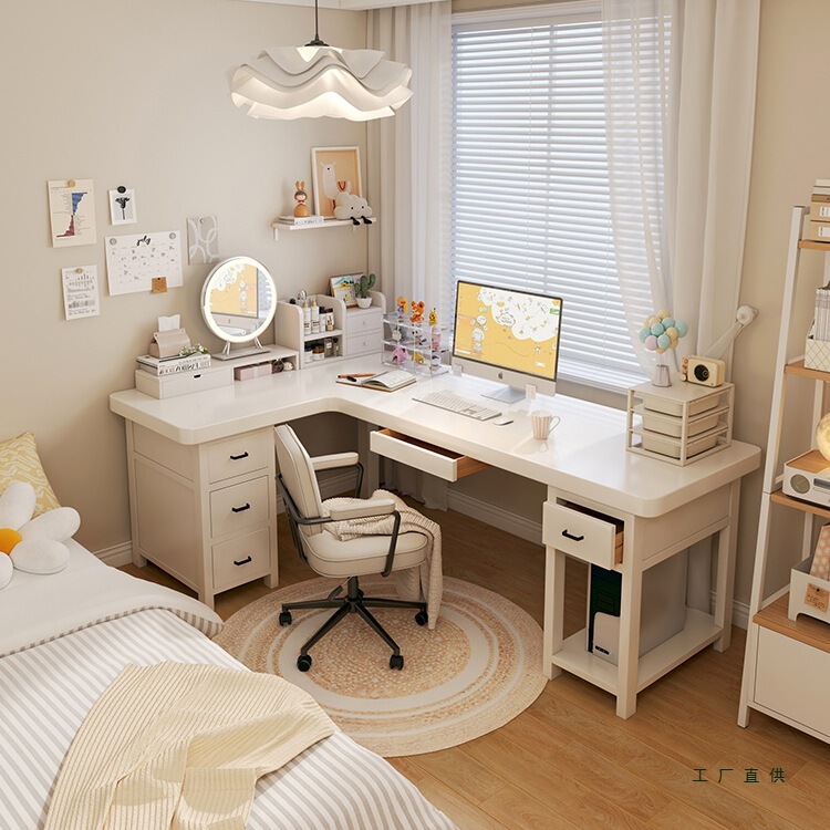 Solid Wood Corner Desk White Cream Style Computer Desk L-Shaped 7 Corner Girls Bedroom Study Double Long Table