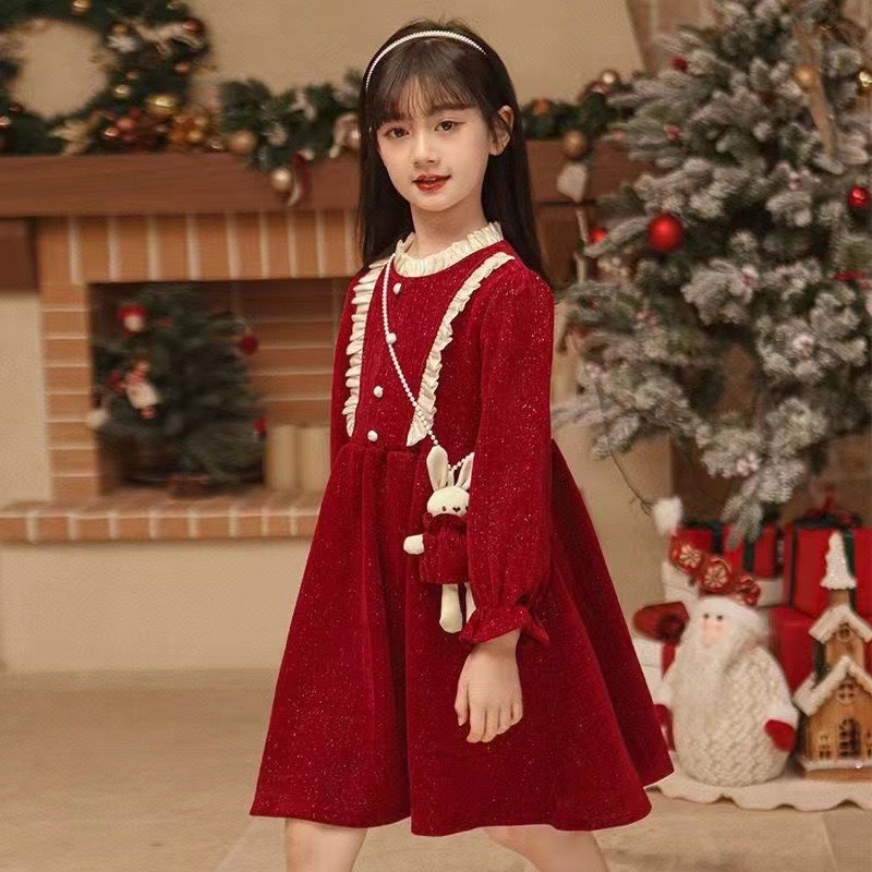 Robe de noël pour filles, nouvelle mode automne/hiver 2023, robe de princesse rouge douce à la mode, ligne a trésor pour femmes_voghion.com