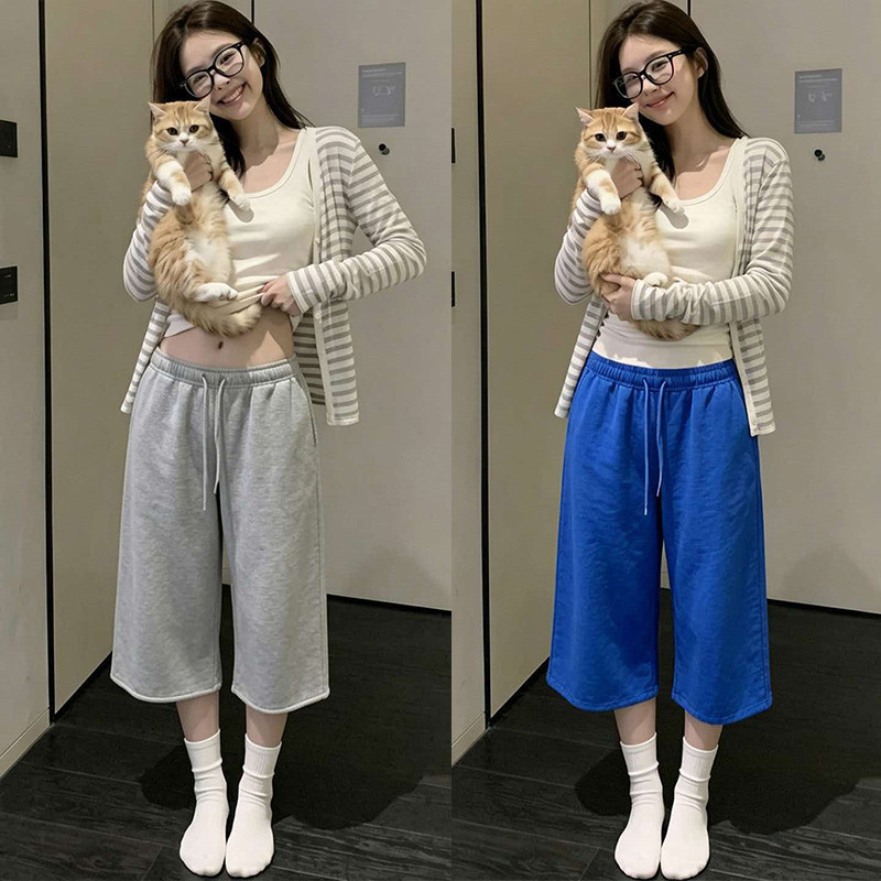 Pure cotton rolled hem cropped pants for women, summer thin style, petite size, loose and casual, high-waisted, casual sports wide-leg mid-length pants Pure cotton rolled hem cropped pants for women, summer thin style, petite size, loose and casual, high-waisted, casual sports wide-leg mid-length pants