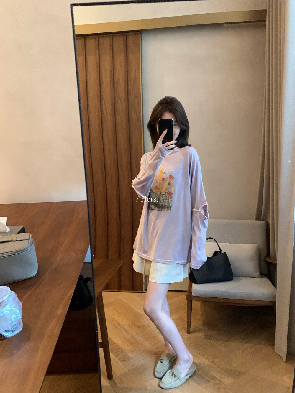 Áo thun nữ tay dài in họa tiết hoạt hình, chất liệu mỏng nhẹ, form rộng thoải mái — Xám tím, màu trắng chi tiết 11