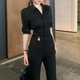 定制新款秋季新款气质通勤衬衫高腰微喇西裤套装潮酷显瘦黑色套装