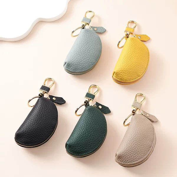 Cross-Border Lychee Pattern Cowhide Car Key Case, Personalized Zipper Leather Coin Purse for Men and Women, Portable Coin Storage Bag