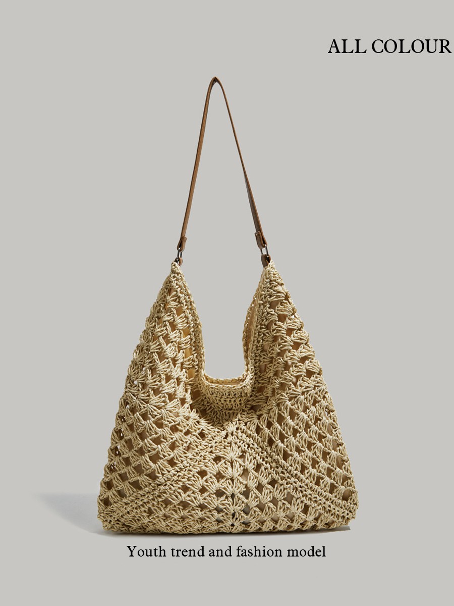 Large Capacity Straw Woven Bag For Women 2025 New Trendy Summer Travel Beach Bag Hollow Out Shoulder Tote Bag - Thumbnail 7