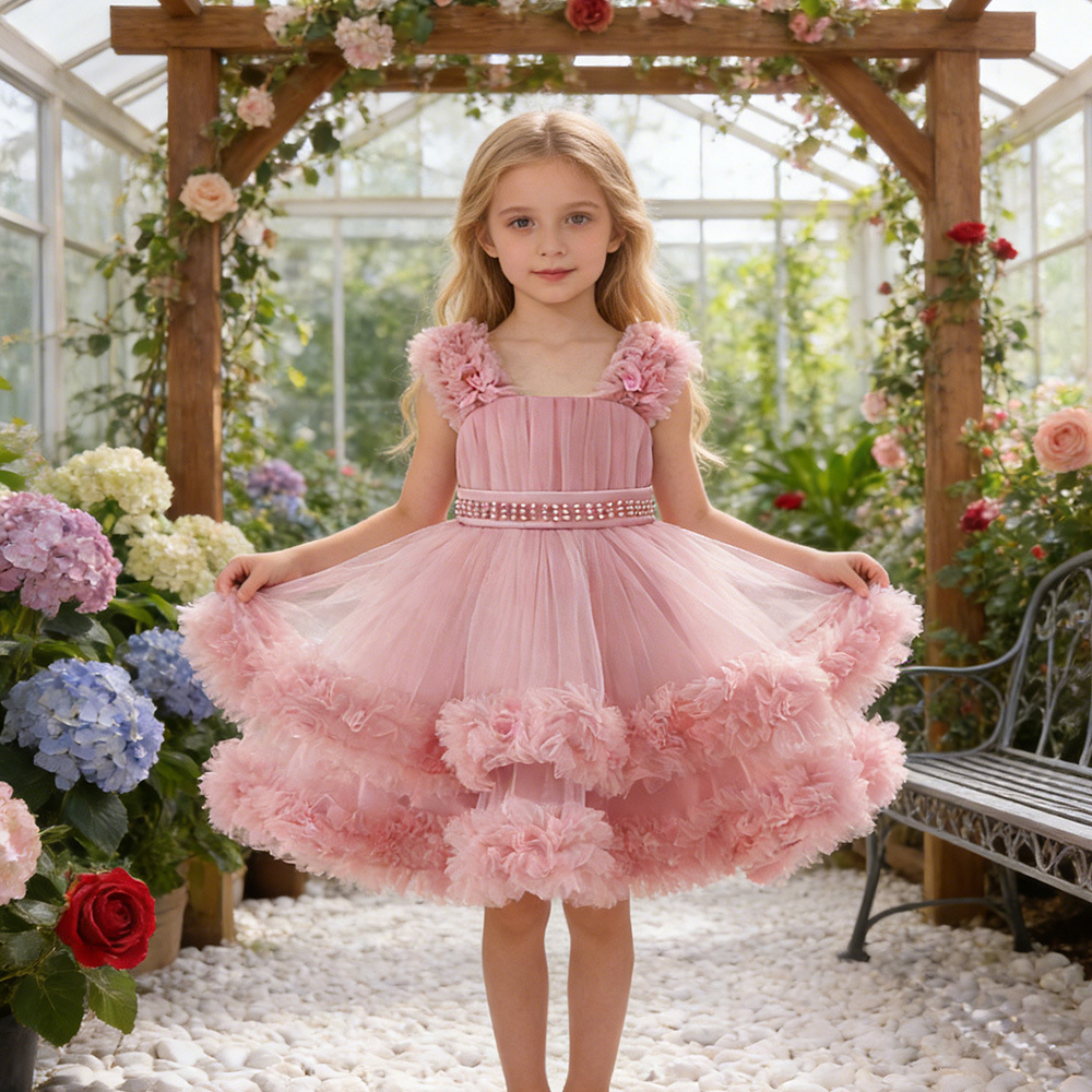 Vestido de malla para niños al por mayor exclusivo transfronterizo, vestido de princesa hinchado, vestido de ropa para niños grandes, ropa de un año para niñas