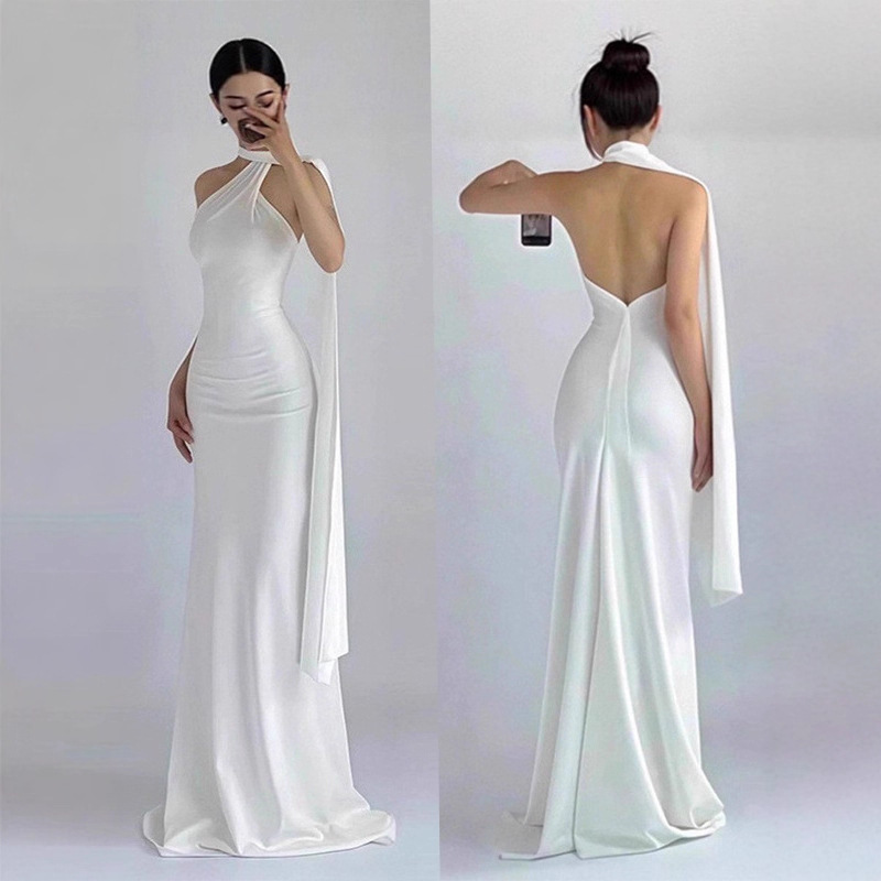 Sexy Off-Shoulder Ribbon Evening Dress 2025 Hot-Selling New Style Solid Color High-Waisted Slimming Banquet Party Dress Sexy Off-Shoulder Ribbon Evening Dress 2025 Hot-Selling New Style Solid Color High-Waisted Slimming Banquet Party Dress