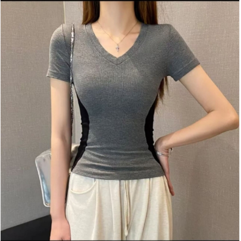 Tight Waist Stitching Threaded T-Shirt Women's V-Neck Color Matching Short-Sleeved Spring and Summer Slim-Fit Low Neck Base Shirt Slimming Inner Top Trendy Tight Waist Stitching Threaded T-Shirt Women's V-Neck Color Matching Short-Sleeved Spring and Summer Slim-Fit Low Neck Base Shirt Slimming Inner Top Trendy