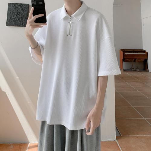 Men's Summer Loose Casual Plain Collared POLO Shirt American Streetwear Half Zip Short Sleeve T-Shirt with Honeycomb Pattern