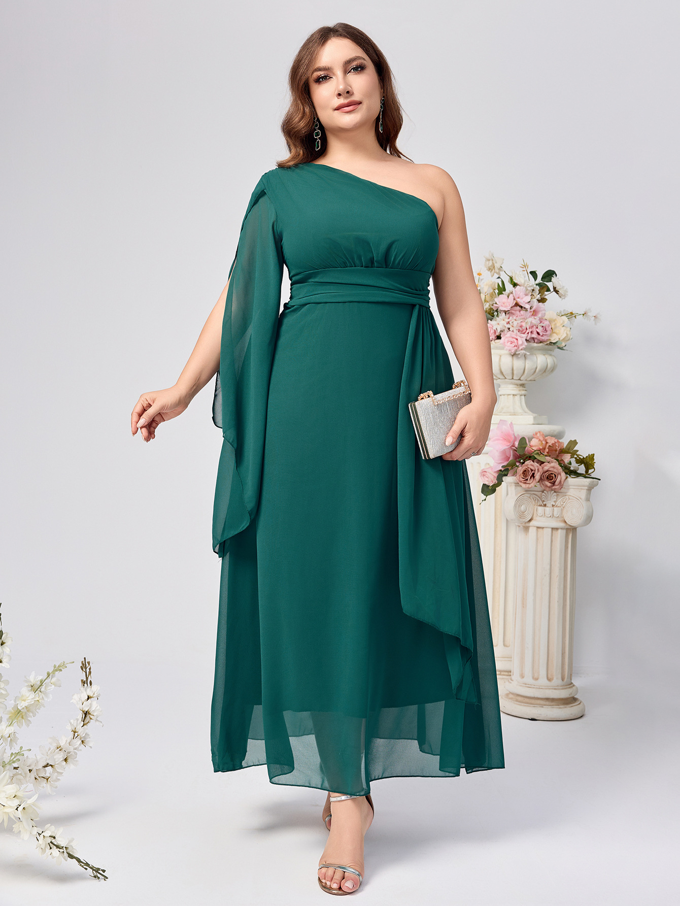 2024 verano nuevo estilo comercio exterior ropa de mujer gasa cuello diagonal gran swing vestido de talla grande fiesta de citas banquete al por mayor image 3