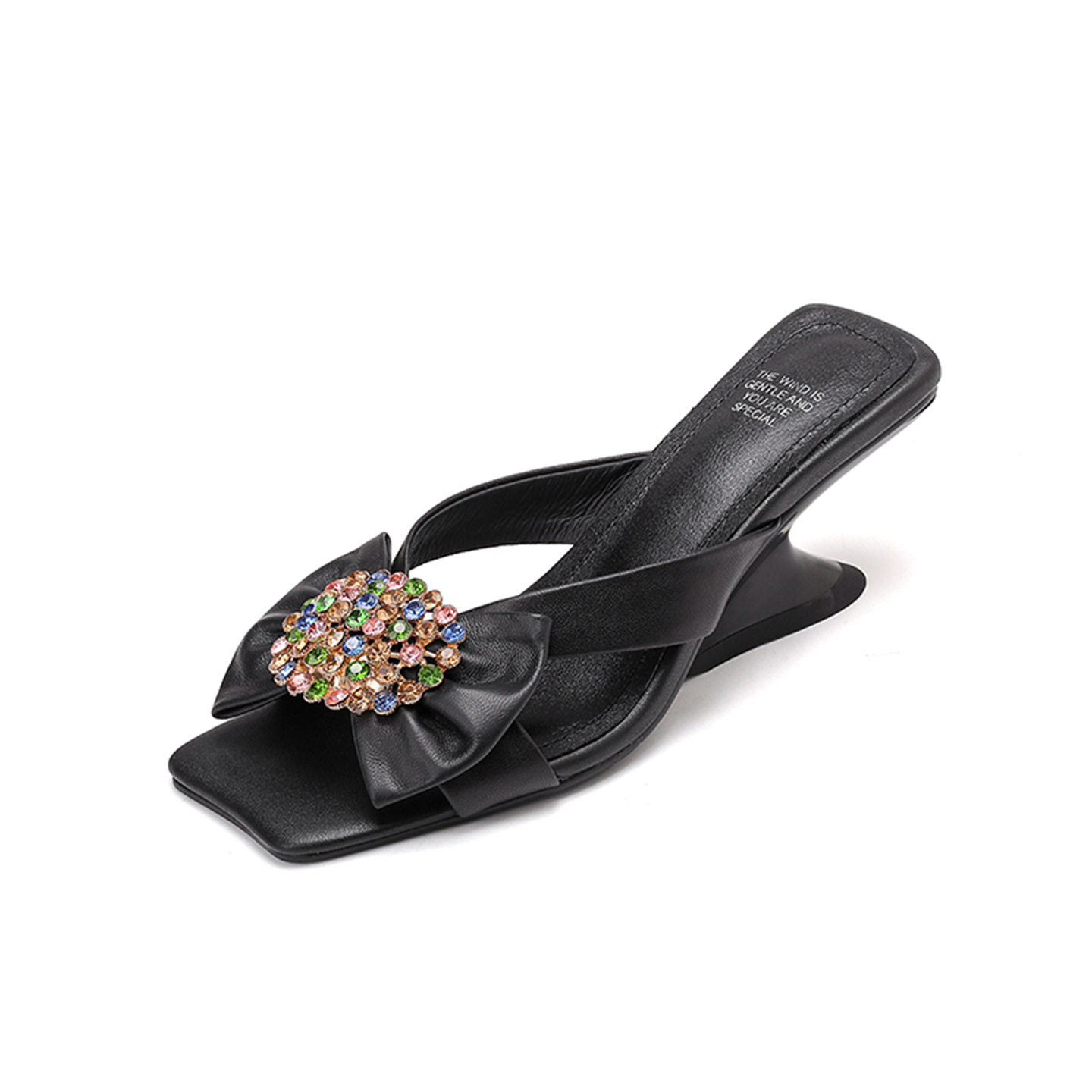 Sandal cao gót nữ hở mũi đính đá lấp lánh, gót 6 cm, mùa hè — đen