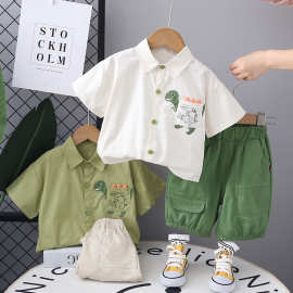 外贸童装儿童短袖套装1-6岁宝宝夏装恐龙衬衫男童夏季童装两件套