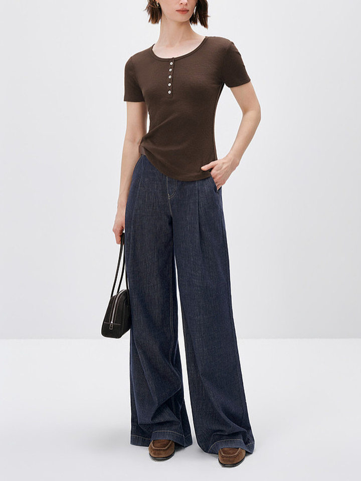 Quần ống rộng denim cạp cao phong cách retro cho nữ, form suông thoải mái tôn dáng — Xanh tím than