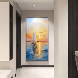 纯手绘一帆风顺油画入户玄关装饰画轻奢高档挂画沙发墙日出风景画