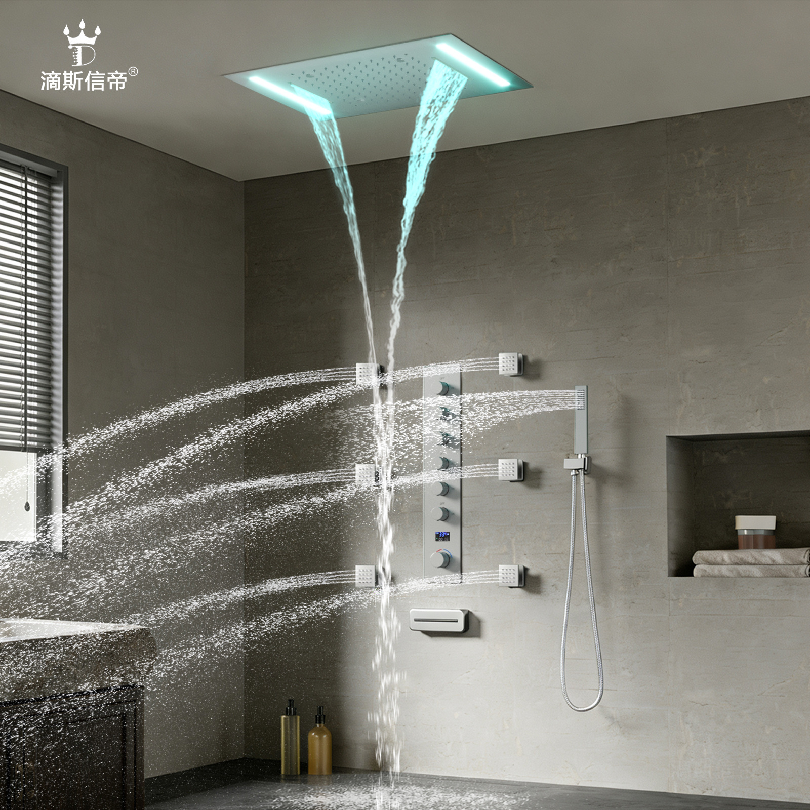 Set de ducha de temperatura constante, LED de visualización digital inteligente, acero inoxidable oculto