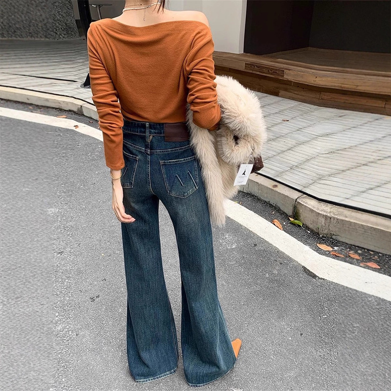 Vintage Blue High-Waisted Flared Jeans for Women, Autumn European Style, Washed, Loose Fit, Slimming, Non-Stick Leg, Bell-Bottom, Floor-Length Pants Vintage Blue High-Waisted Flared Jeans for Women, Autumn European Style, Washed, Loose Fit, Slimming, Non-Stick Leg, Bell-Bottom, Floor-Length Pants