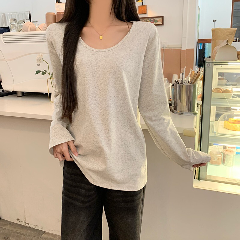 7140 # Real Shot of 210g Pure Cotton Threaded U-Neck Long-Sleeved T-Shirt for Women's Spring & Fall Bottoming Shirt with Light Plate Blank Version